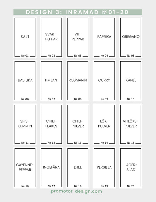 Vita etiketter med tunn svart ram till kryddburkar. Ark 1.