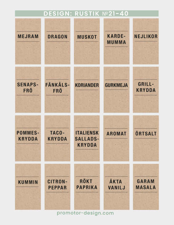 Etiketter till kryddburkar med kraftpapper-look, rustik stil.