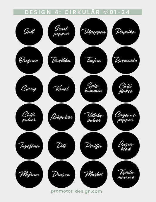 Runda svarta etiketter till kryddburkar.