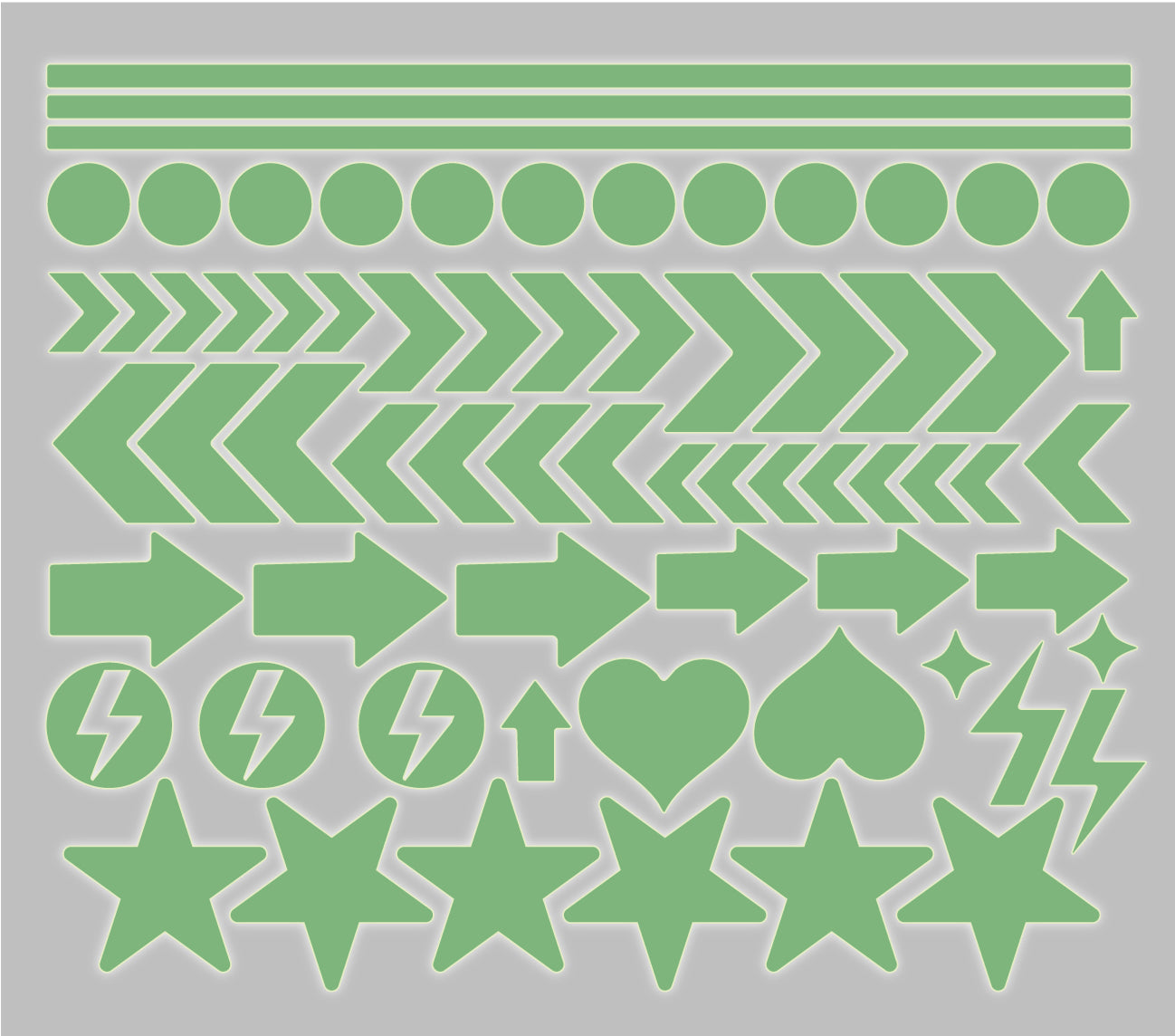 Översikt av symbolerna i ett ark självlysande dekaler