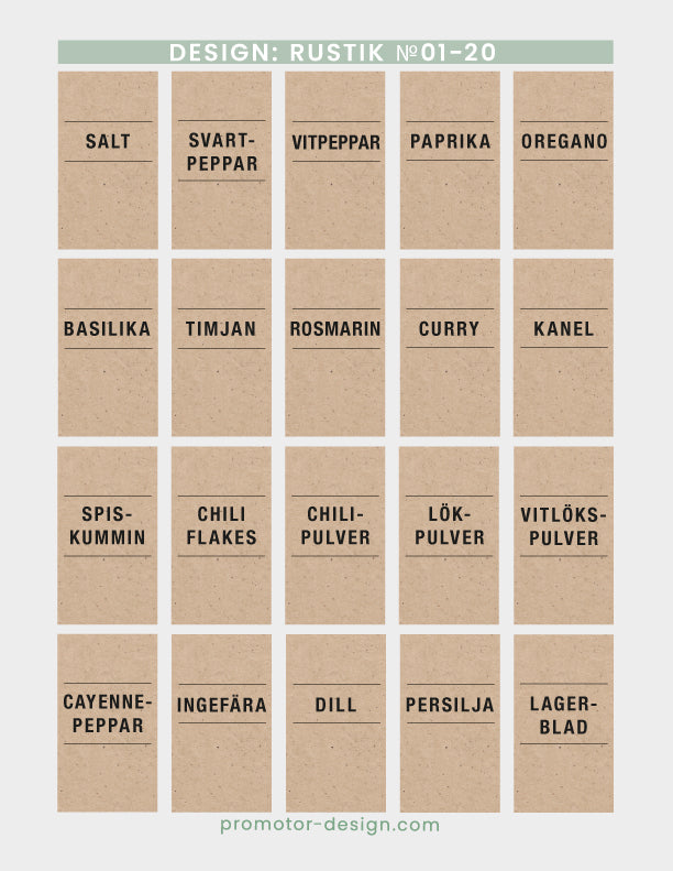 Etiketter till kryddburkar med kraftpapper-look, rustik stil.