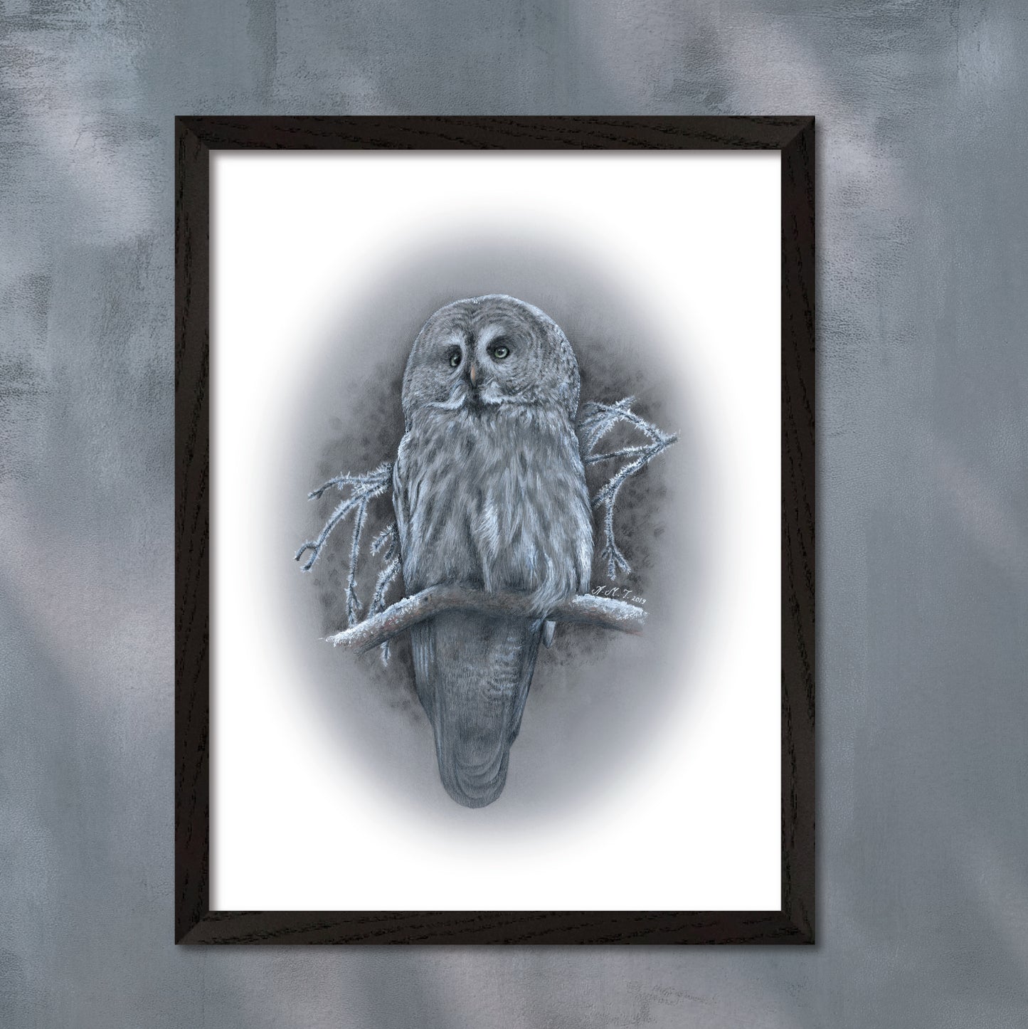 Poster i grå toner med en tecknad lappuggla