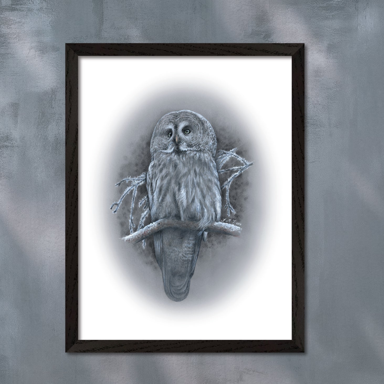 Poster i grå toner med en tecknad lappuggla