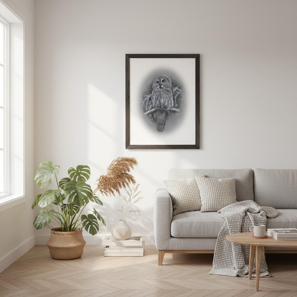 Poster med lappuggla som hänger i ett vardgasrum