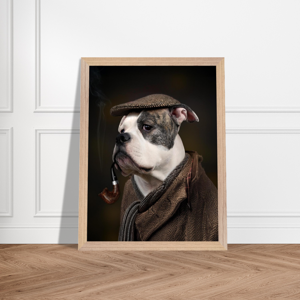 Porträtt av amstaff i stofil klädsel med pipa