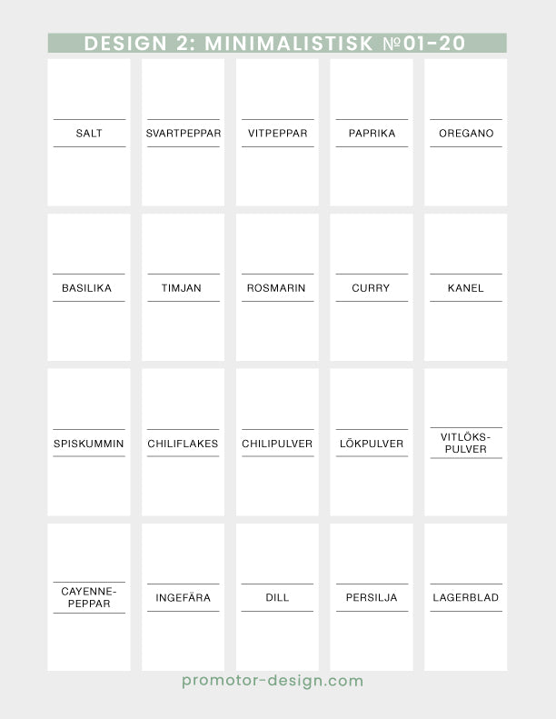 Vita minimalistiska etiketter till kryddburkar. Ark 1.