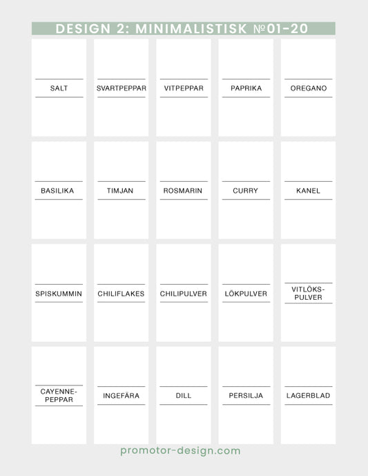 Vita minimalistiska etiketter till kryddburkar. Ark 1.