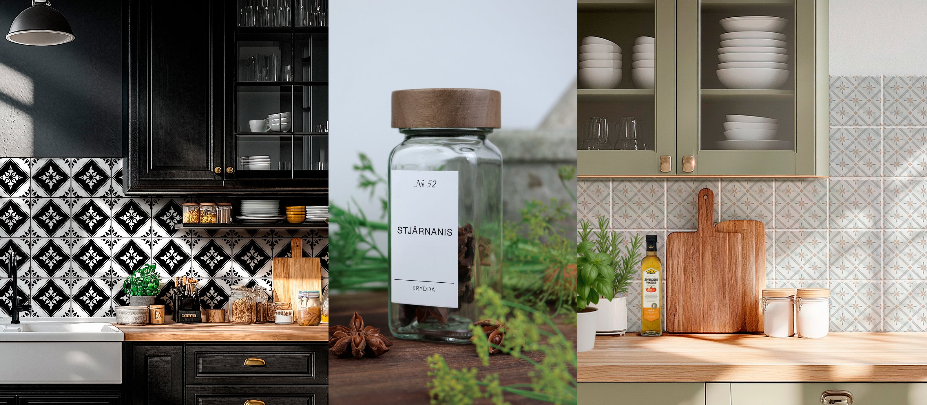 Kakeldekor i svartvitt och mild pastell samt kryddburksetiketter för kök – skandinavisk design
