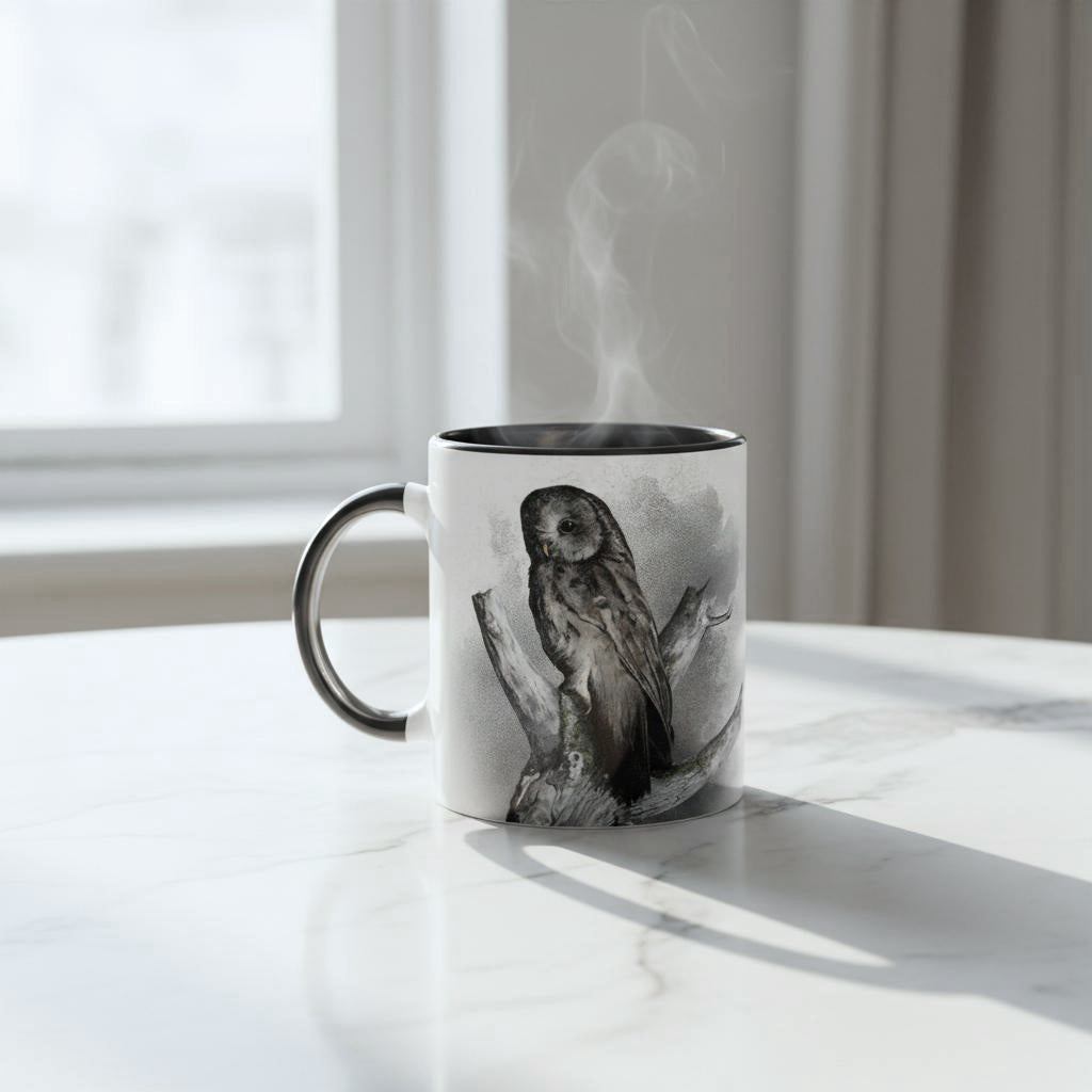 Keramisk mugg med kattuggla. Vit med svart öra och insida.